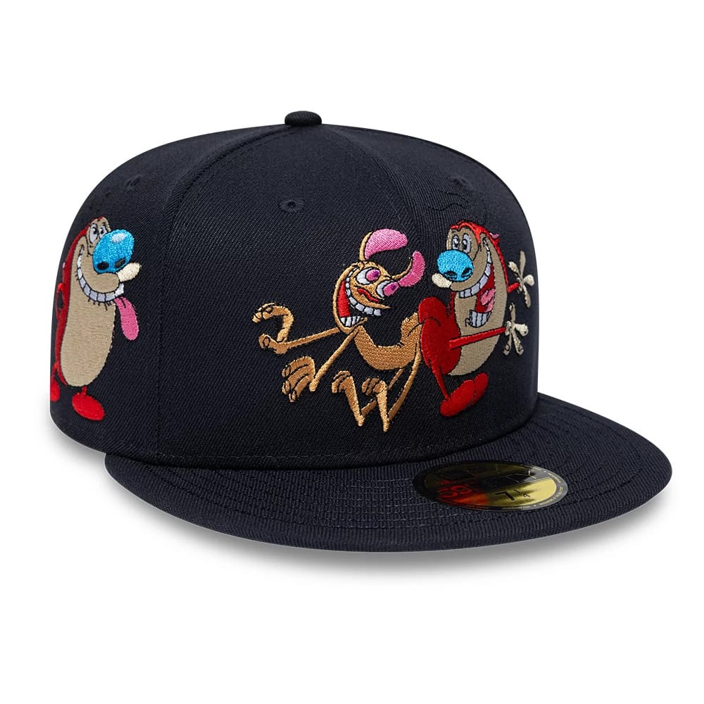 Pictured is this Ren & Stimpy Happy Happy Joy Joy 59FIFTY Fitted cap in navy. 1