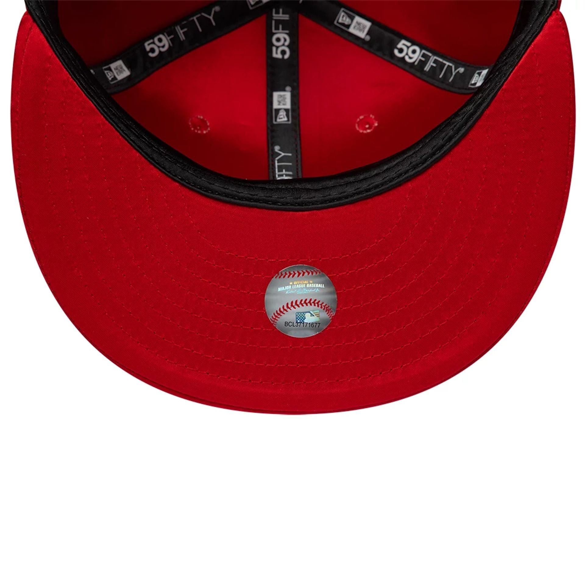 Pictured is this MLB Satin New York Yankees 59FIFTY Fitted cap in red. 7