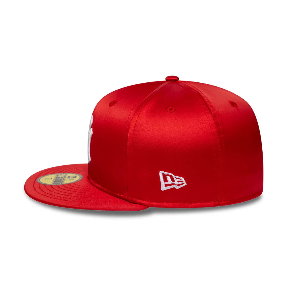 Pictured is this MLB Satin New York Yankees 59FIFTY Fitted cap in red. 4