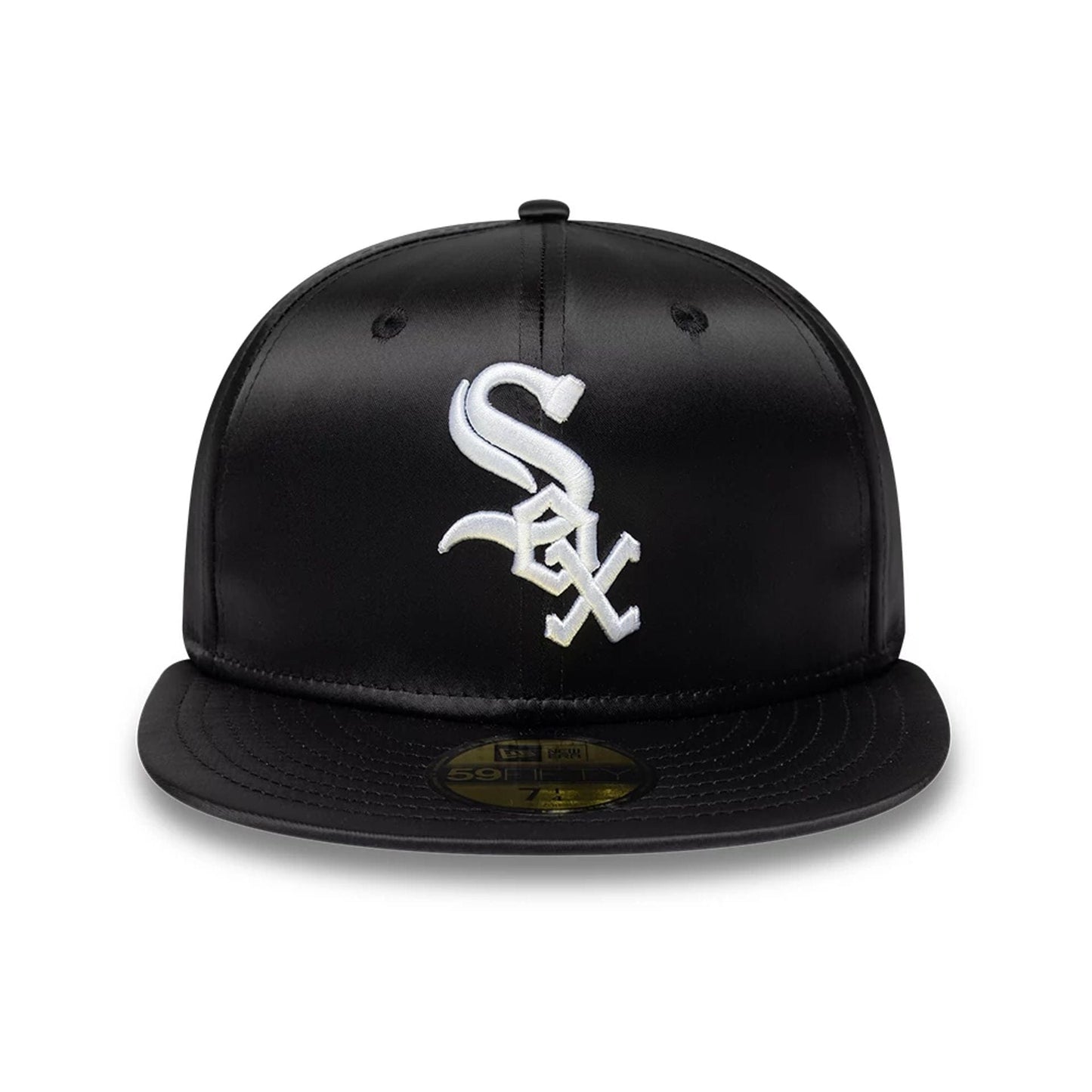 Pictured is this MLB Satin Chicago White Sox 59FIFTY Fitted cap in black. 2