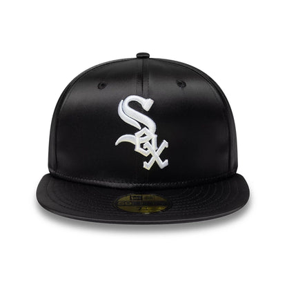 Pictured is this MLB Satin Chicago White Sox 59FIFTY Fitted cap in black. 2