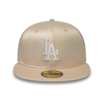 Pictured is this MLB Satin LA Dodgers 59FIFTY Fitted cap in cream. 2