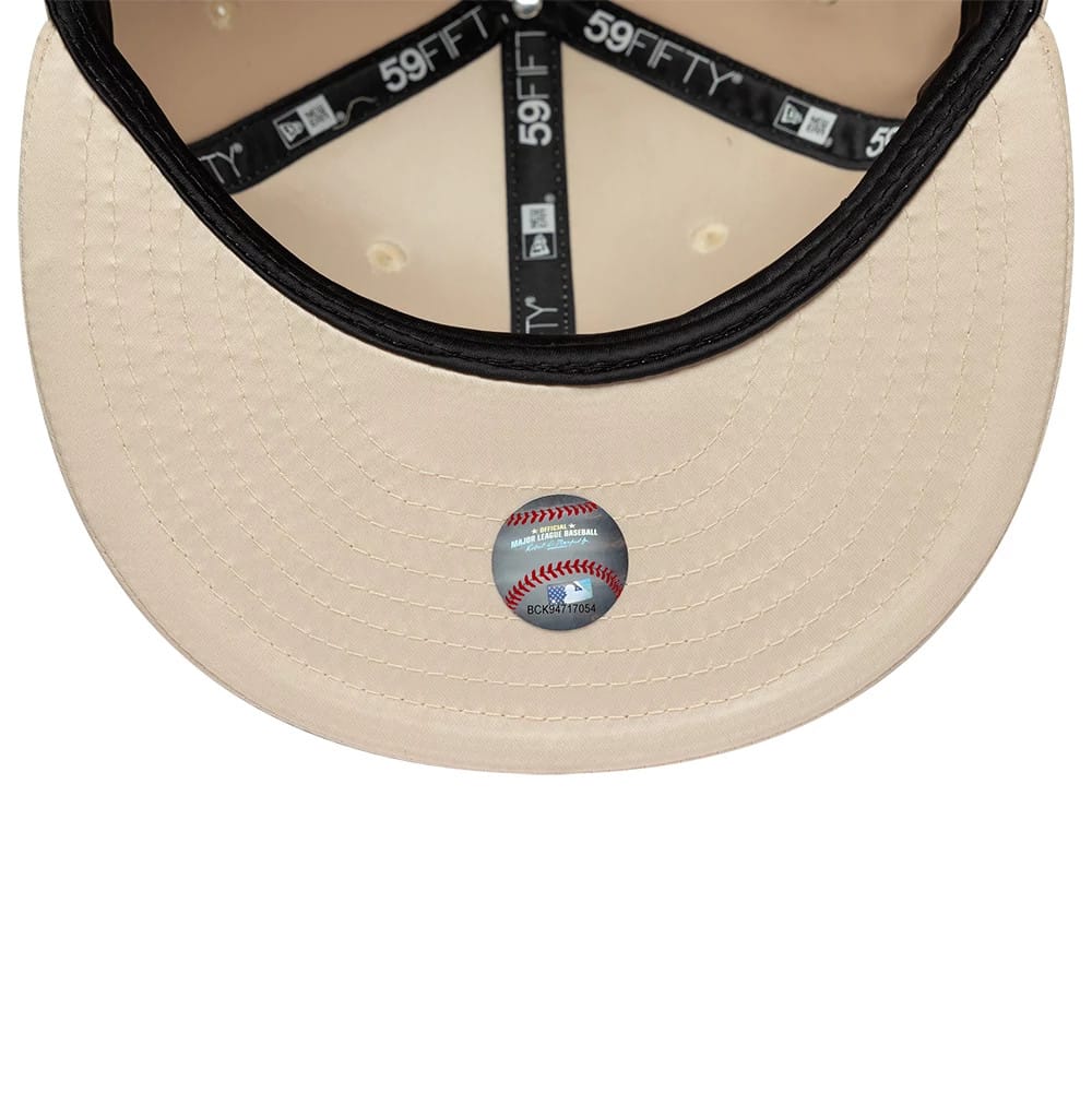 Pictured is this MLB Satin LA Dodgers 59FIFTY Fitted cap in cream. 5