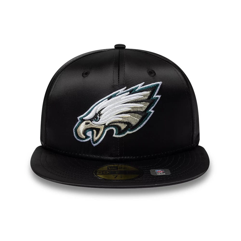 Pictured is this NFL Satin Philadelphia Eagles 59FIFTY Fitted cap in black. 2