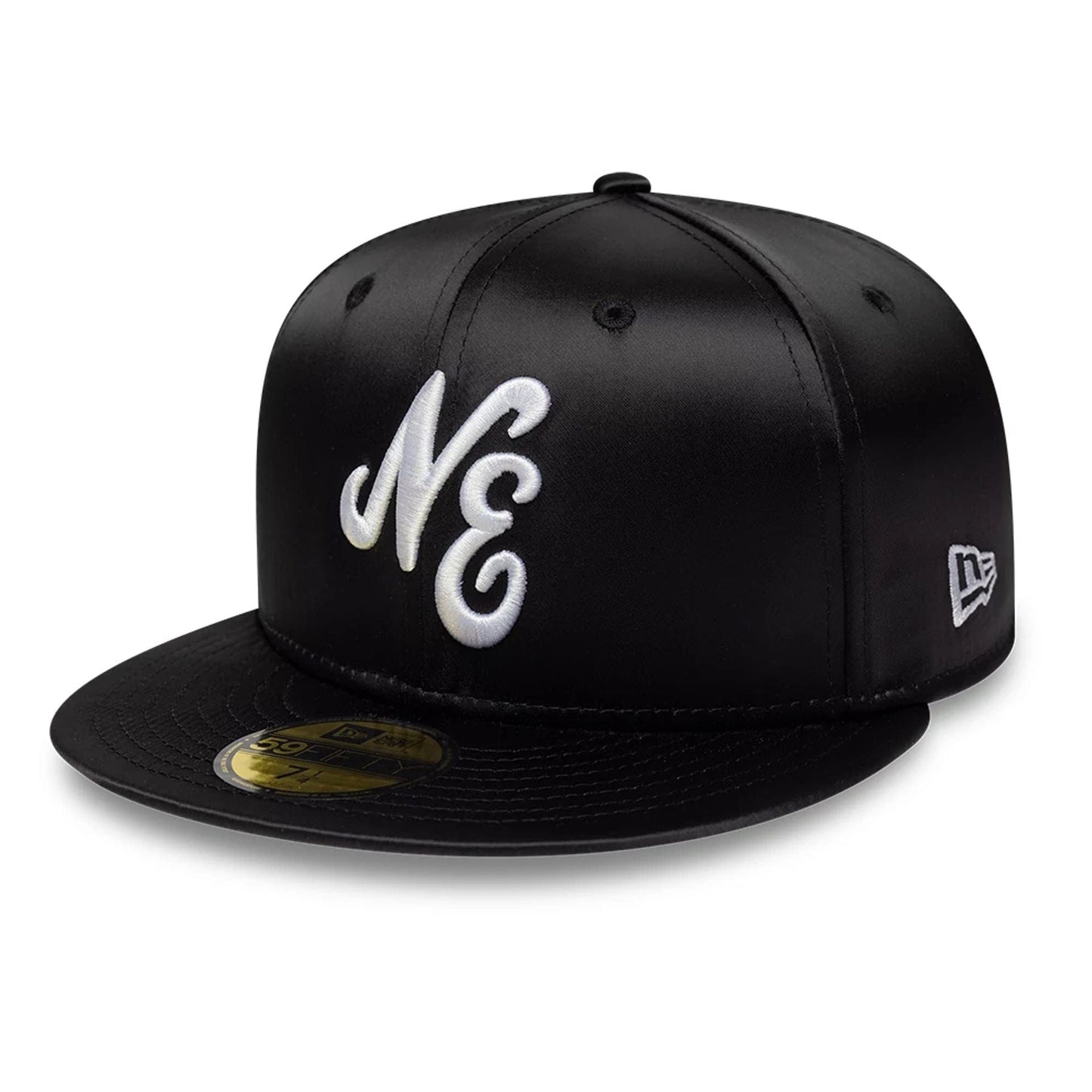 Pictured is this New Era Satin 59FIFTY Fitted cap in black. 1