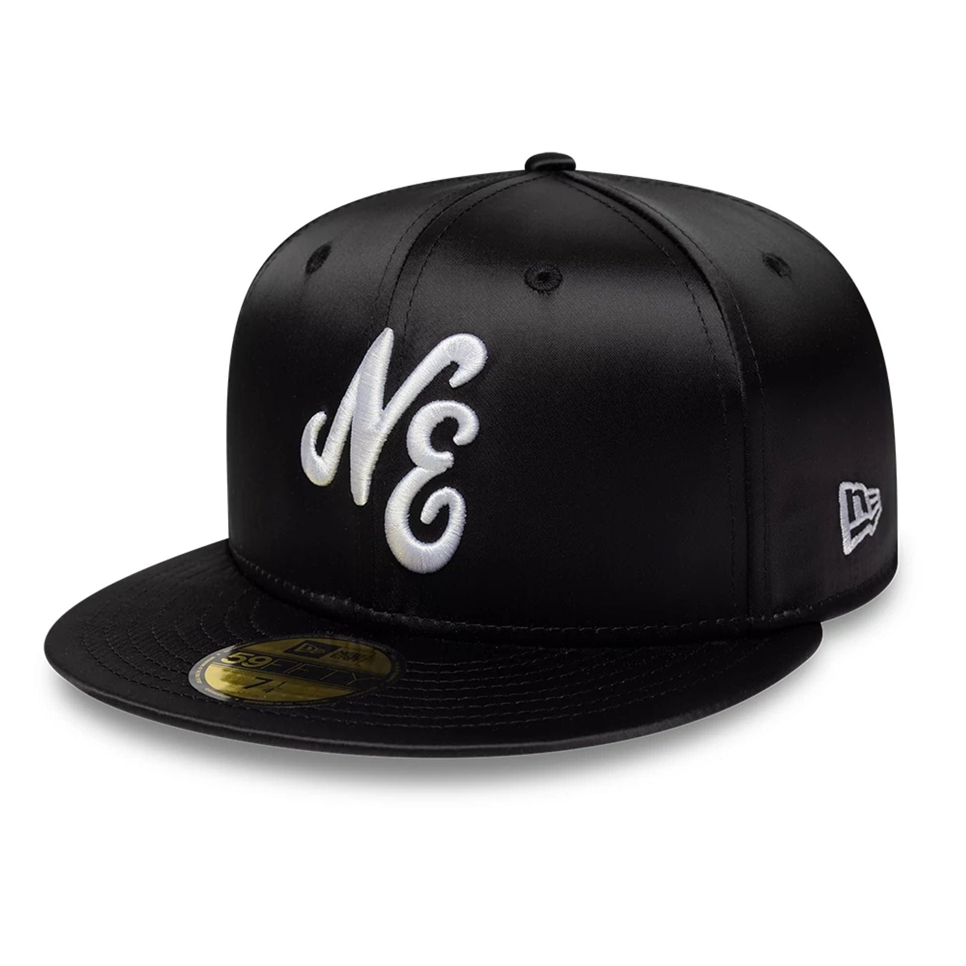 Pictured is this New Era Satin 59FIFTY Fitted cap in black. 1