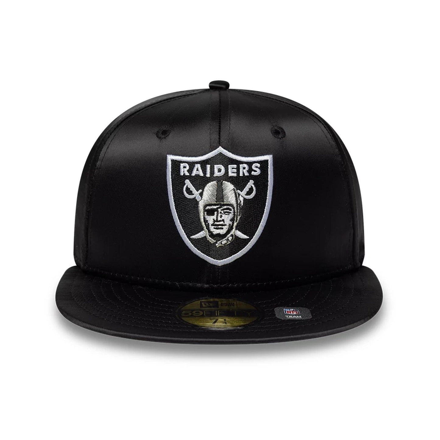 Pictured is this NFL Satin Las Vegas Raiders 59FIFTY Fitted cap in black. 2