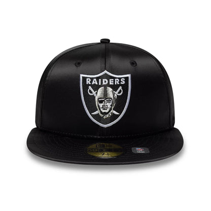 Pictured is this NFL Satin Las Vegas Raiders 59FIFTY Fitted cap in black. 2