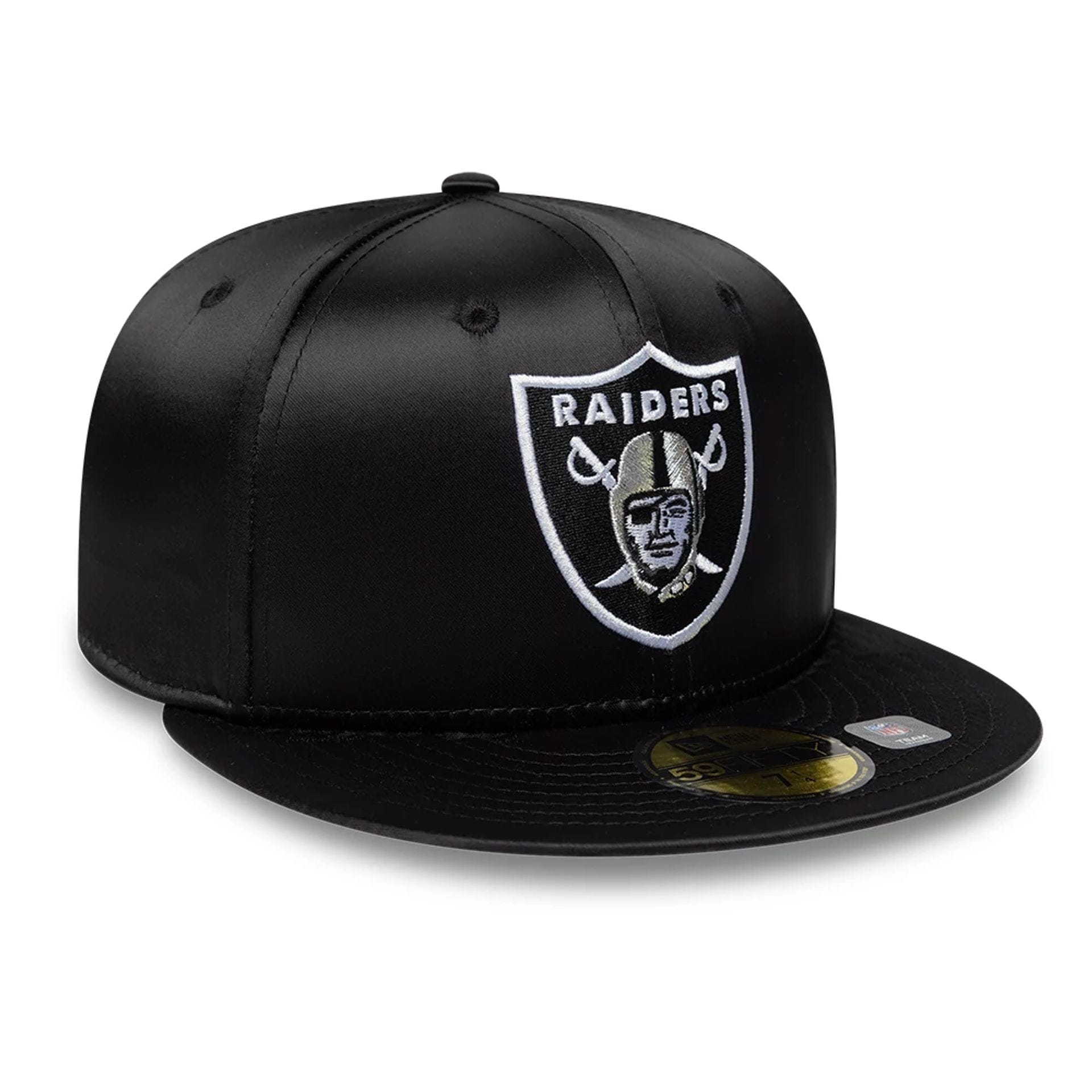 Pictured is this NFL Satin Las Vegas Raiders 59FIFTY Fitted cap in black. 3