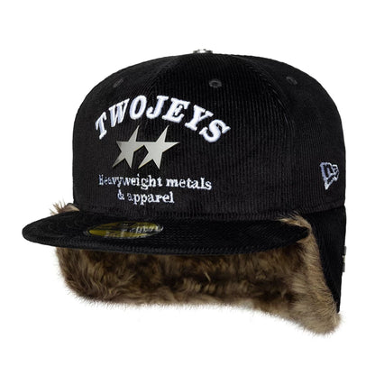 Pictured is this Twojeys X New Era Cord Downflap 59FIFTY Fitted cap in black. 3