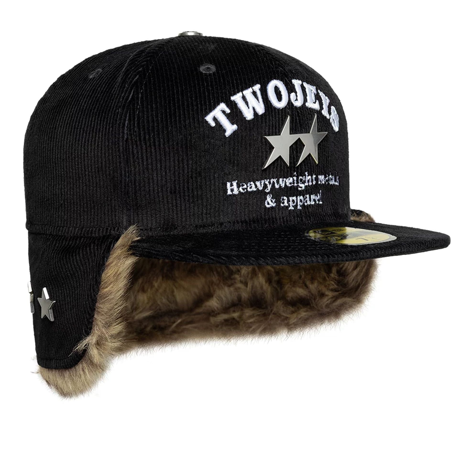 Pictured is this Twojeys X New Era Cord Downflap 59FIFTY Fitted cap in black. 8