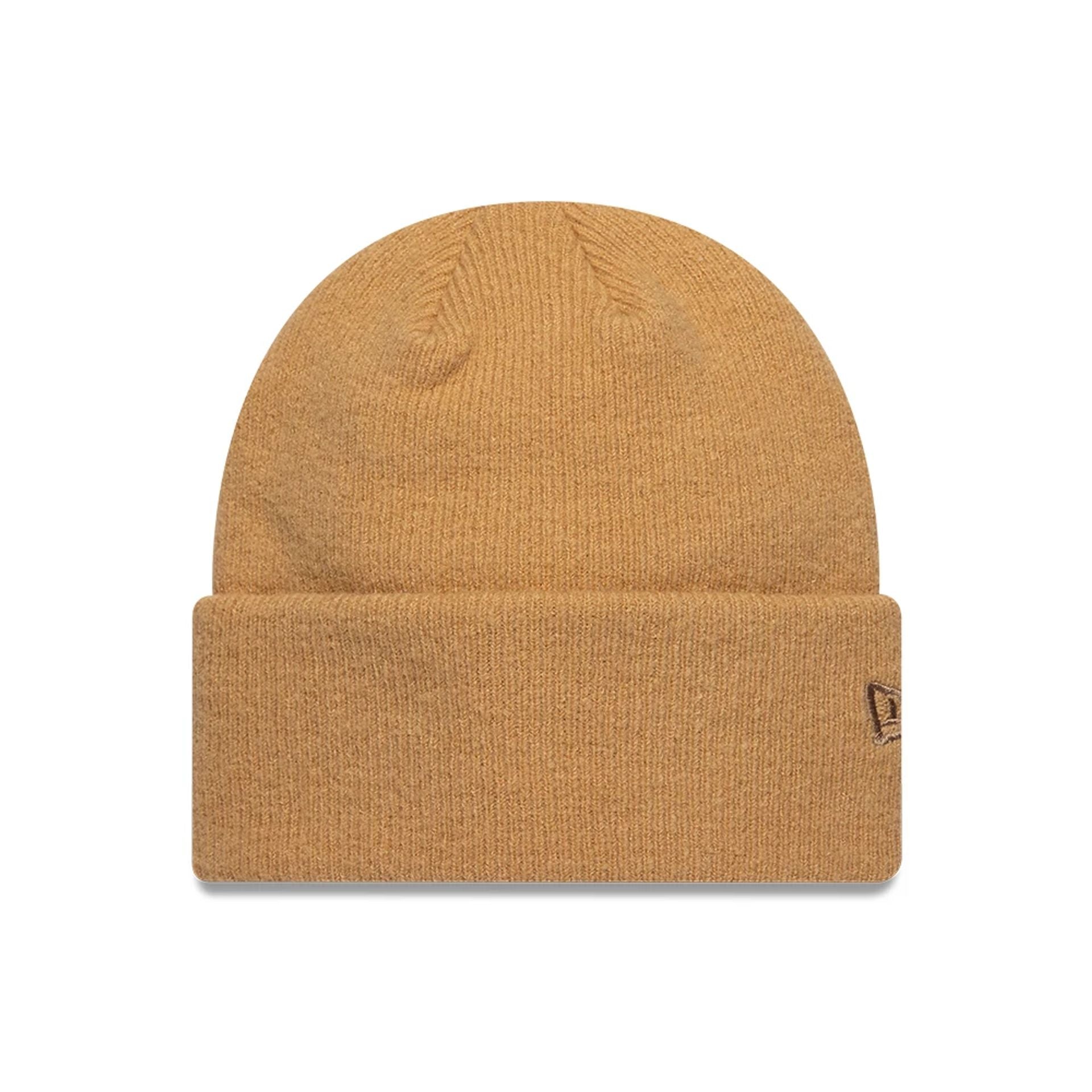 Pictured is this New Era Mohair Wide Cuff Knit Beanie hat in light beige. 1