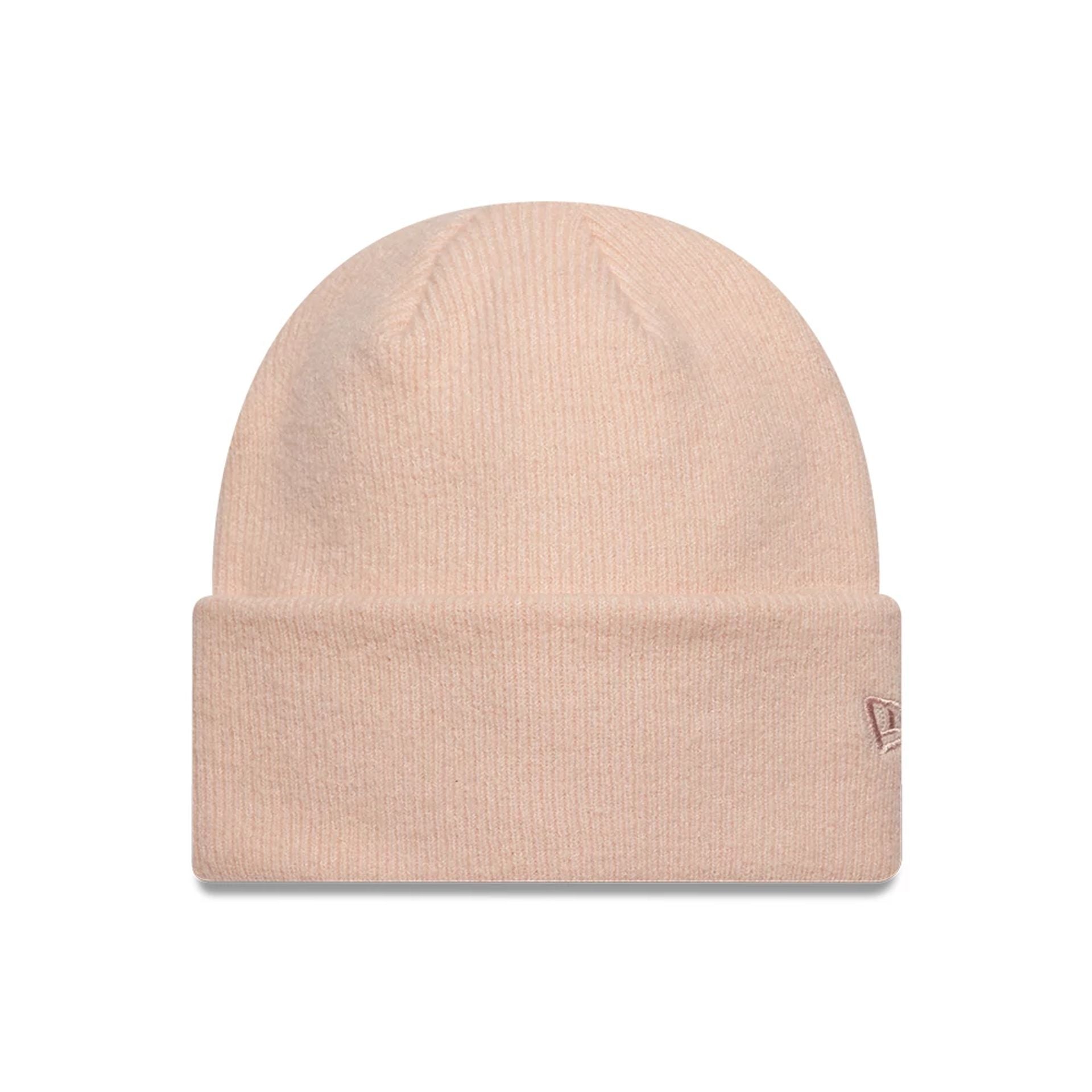 Pictured is this New Era Mohair Wide Cuff Knit Beanie hat in pastel pink. 1
