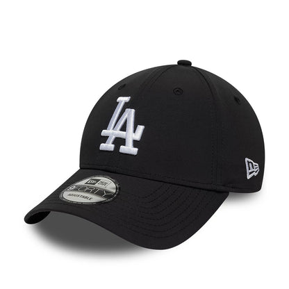 LA Dodgers MLB Recycled Black New Era 9FORTY Adjustable Cap, three-quarter view showing a white embroidered LA logo on the front panel, a curved black visor with a 9FORTY size sticker, and the New Era flag logo on the left side.