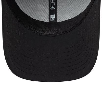 New Era Recycled Black 9FORTY Adjustable Cap, inside view showing the black sweatband, grey taping with a 9FORTY label, and light grey undervisor, highlighting the stitching detail and structure of the black fabric visor.