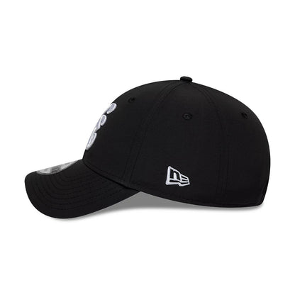 New Era Recycled Black 9FORTY Adjustable Cap, side view showing the white embroidered New Era flag logo on the left side of the structured black crown, with curved black visor and 9FORTY size sticker on the top of the visor.