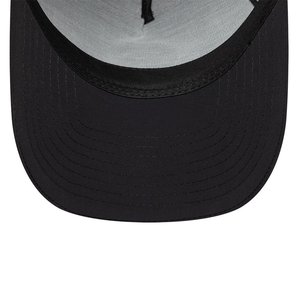 White Sox MLB Recycled Black On Black New Era 9FORTY A-Frame Adjustable Cap, inside view showing the light grey undervisor, black sweatband and black taping across the crown, highlighting the cap's detailed stitching inside the visor area.
