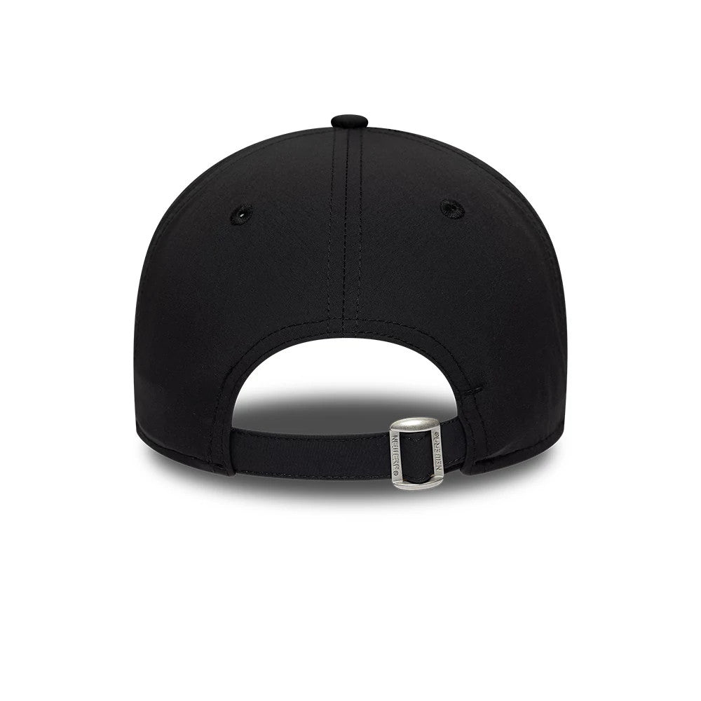 New York Yankees MLB Recycled Black On Black New Era 9TWENTY Adjustable Cap, rear view showing a curved black visor and black eyelets on a crown, with a adjuster displaying New Era branding on the adjustable strap.