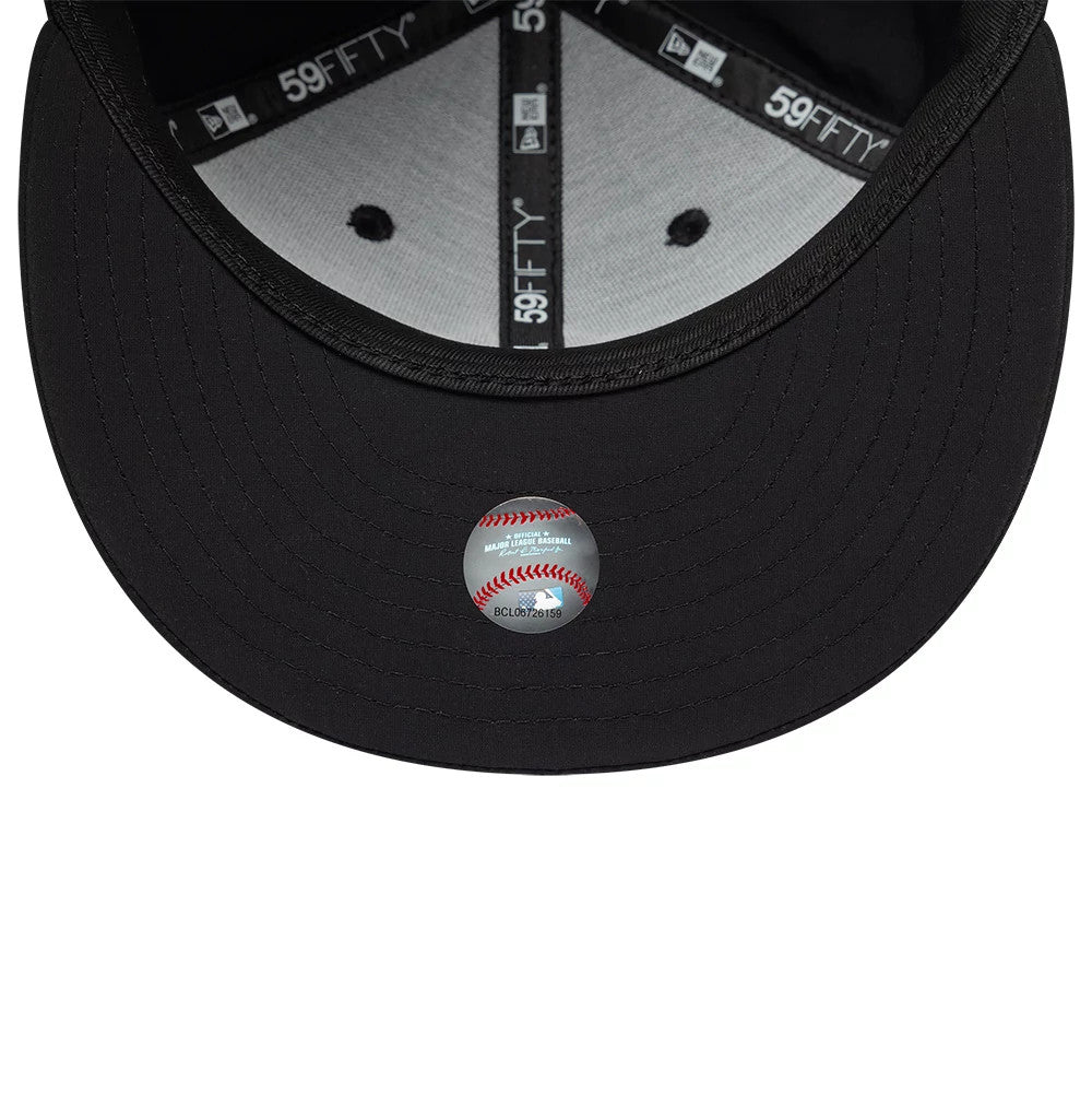 New York Yankees MLB Recycled Black New Era 59FIFTY Fitted Cap, inside view showing a grey sweatband with black 59FIFTY taping, a black undervisor, and an MLB baseball holographic sticker on the centre of the visor.