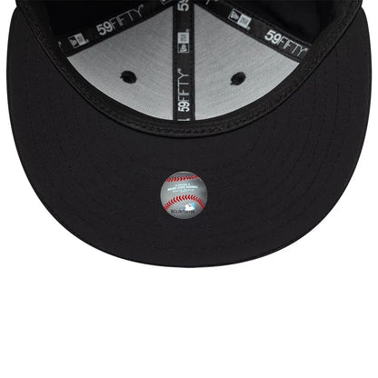 New York Yankees MLB Recycled Black New Era 59FIFTY Fitted Cap, inside view showing a grey sweatband with black 59FIFTY taping, a black undervisor, and an MLB baseball holographic sticker on the centre of the visor.