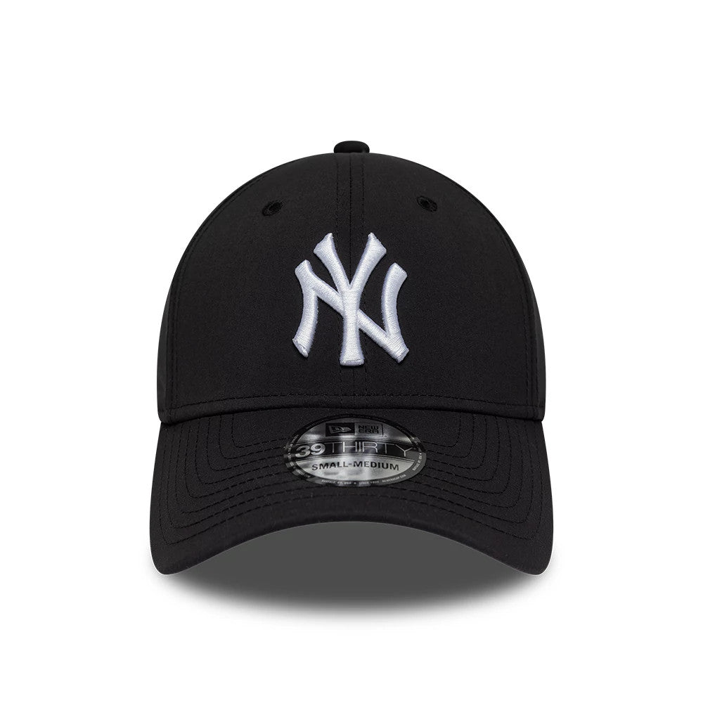 New York Yankees MLB Recycled Black New Era 39THIRTY Stretch Fit Cap, front view showing the raised white embroidered NY logo on the black crown, black curved visor with a 39THIRTY size sticker, and matching top button.