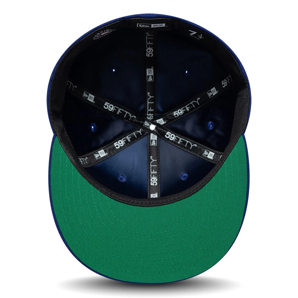 LA Dodgers MLB Sidepatch Satin Lined Dark Blue New Era 59FIFTY Fitted Cap, inside view showing the black 59FIFTY taping across the dark satin lining, with a green undervisor and size details near the band.