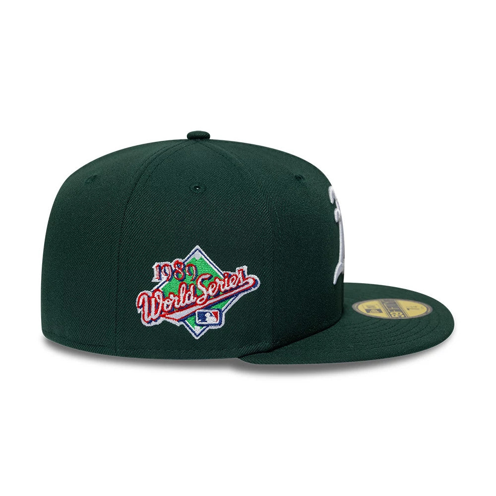 Pictured is this MLB Sidepatch Athletics 59FIFTY Fitted cap in dark green. 5