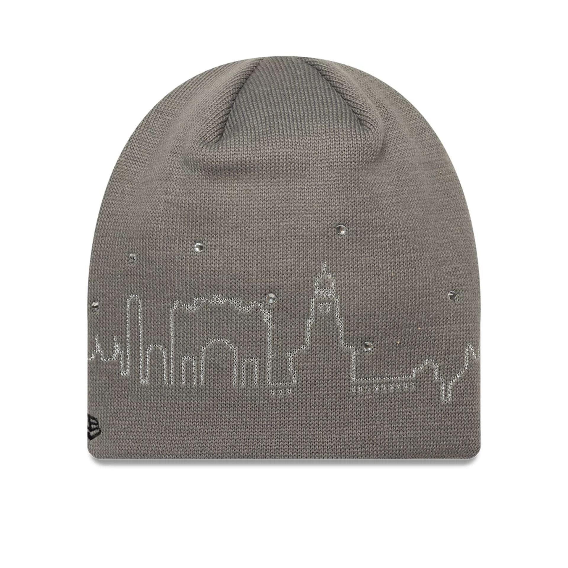 Pictured is this Sfera Ebbasta X New Era Skull Knit Beanie hat in grey. 2