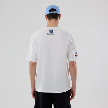 The model is wearing this NBA Berlin Game 2026 Memphis Grizzlies Oversized T-Shirt in white.  2