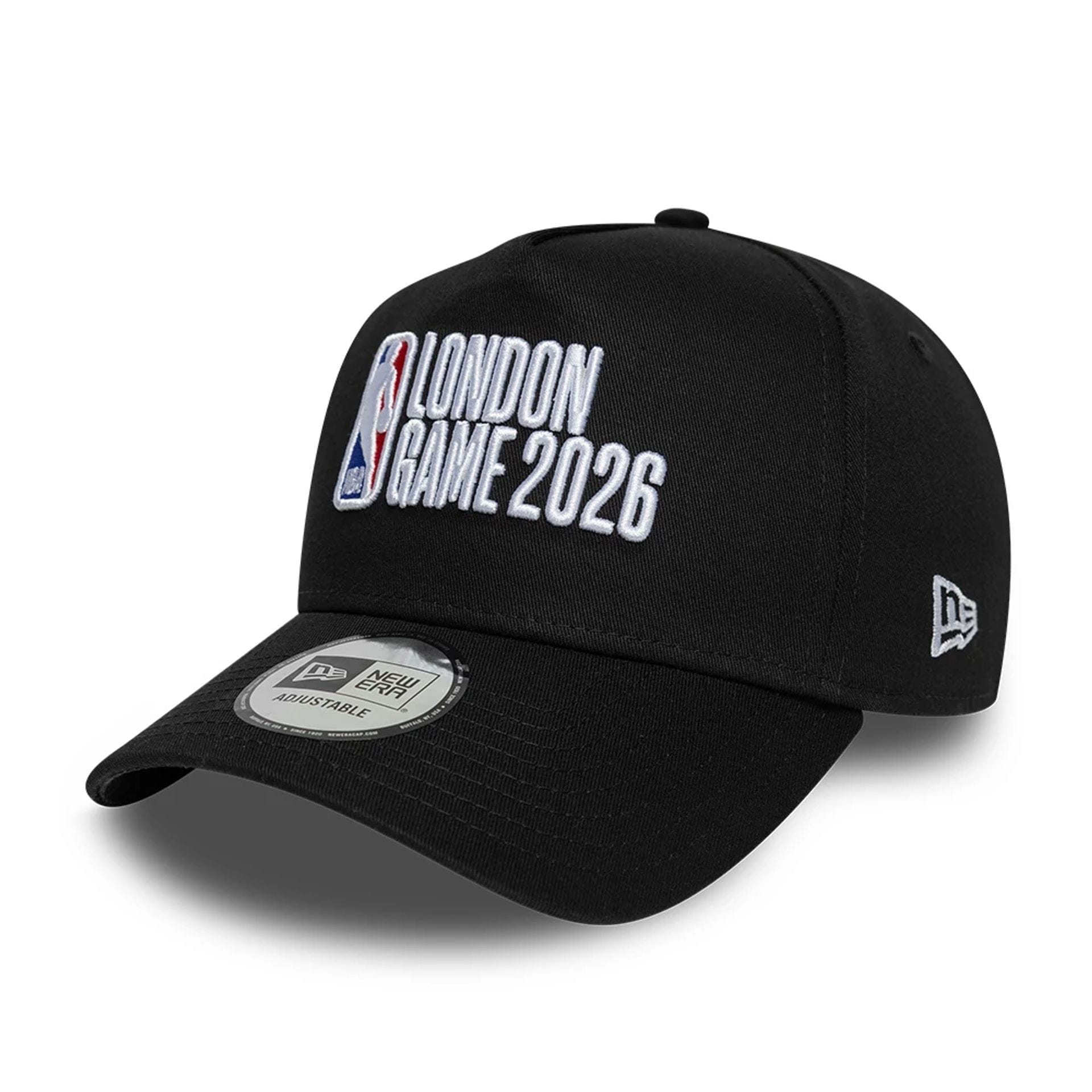 Pictured is this NBA Logo NBA London Game 2026 Black 9FORTY A-Frame Adjustable cap. 1