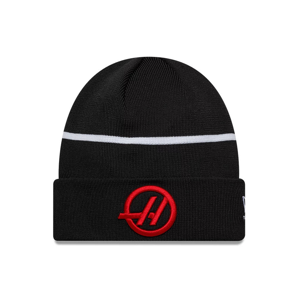 Pictured is this Esteban Ocon TGR Haas F1 Cuff Knit Beanie hat in black. 1