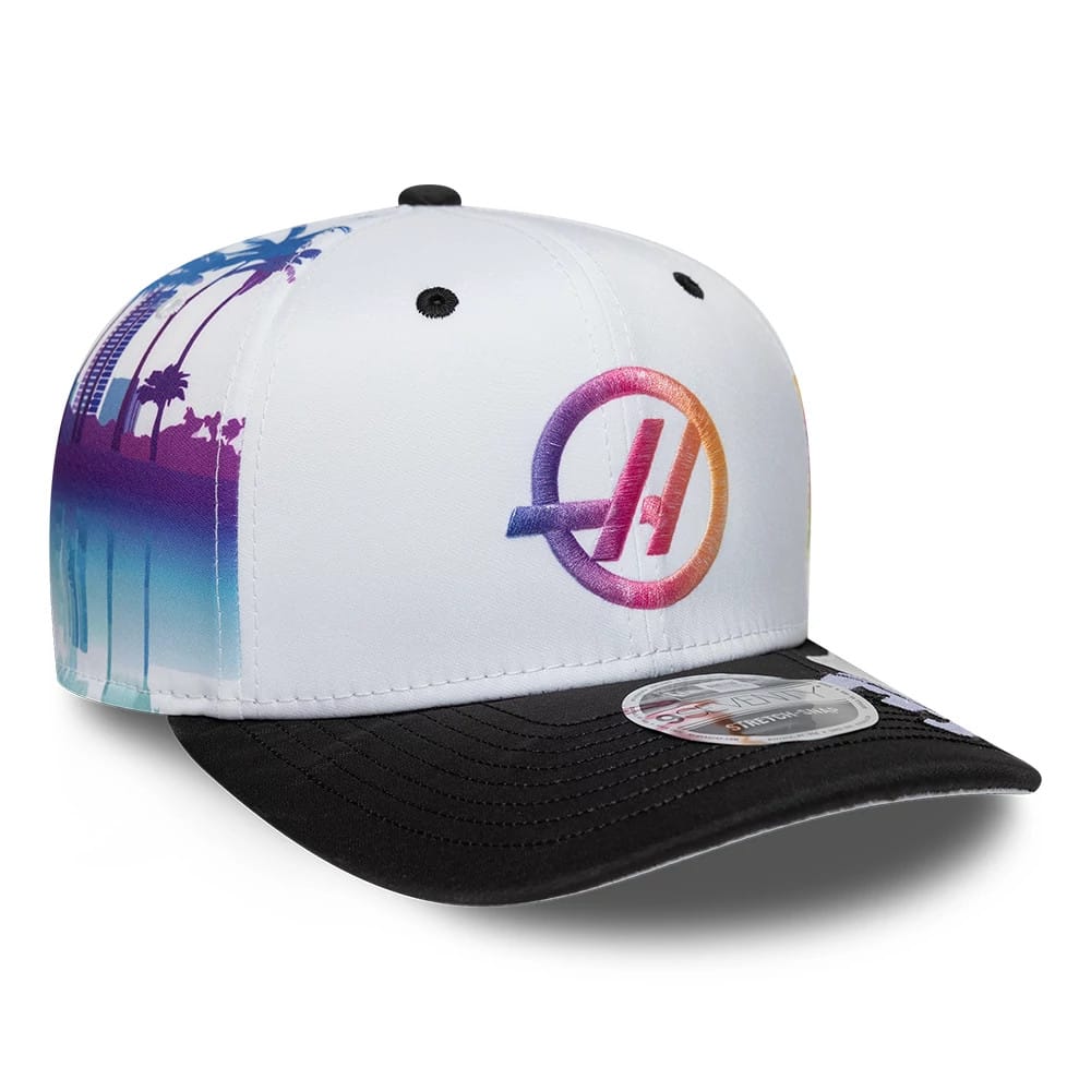 Pictured is this Esteban Ocon Miami Race Special TGR Haas F1 9SEVENTY Stretch Snap cap in white. 4