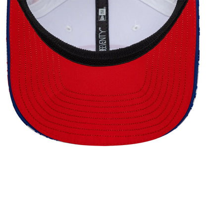 TGR Haas F1 Oliver Bearman Silverstone Race Special White New Era 9SEVENTY Stretch Snap Cap, inside view showing the red undervisor, black interior taping with 9SEVENTY branding, and a white sweatband featuring eyelets on the crown.