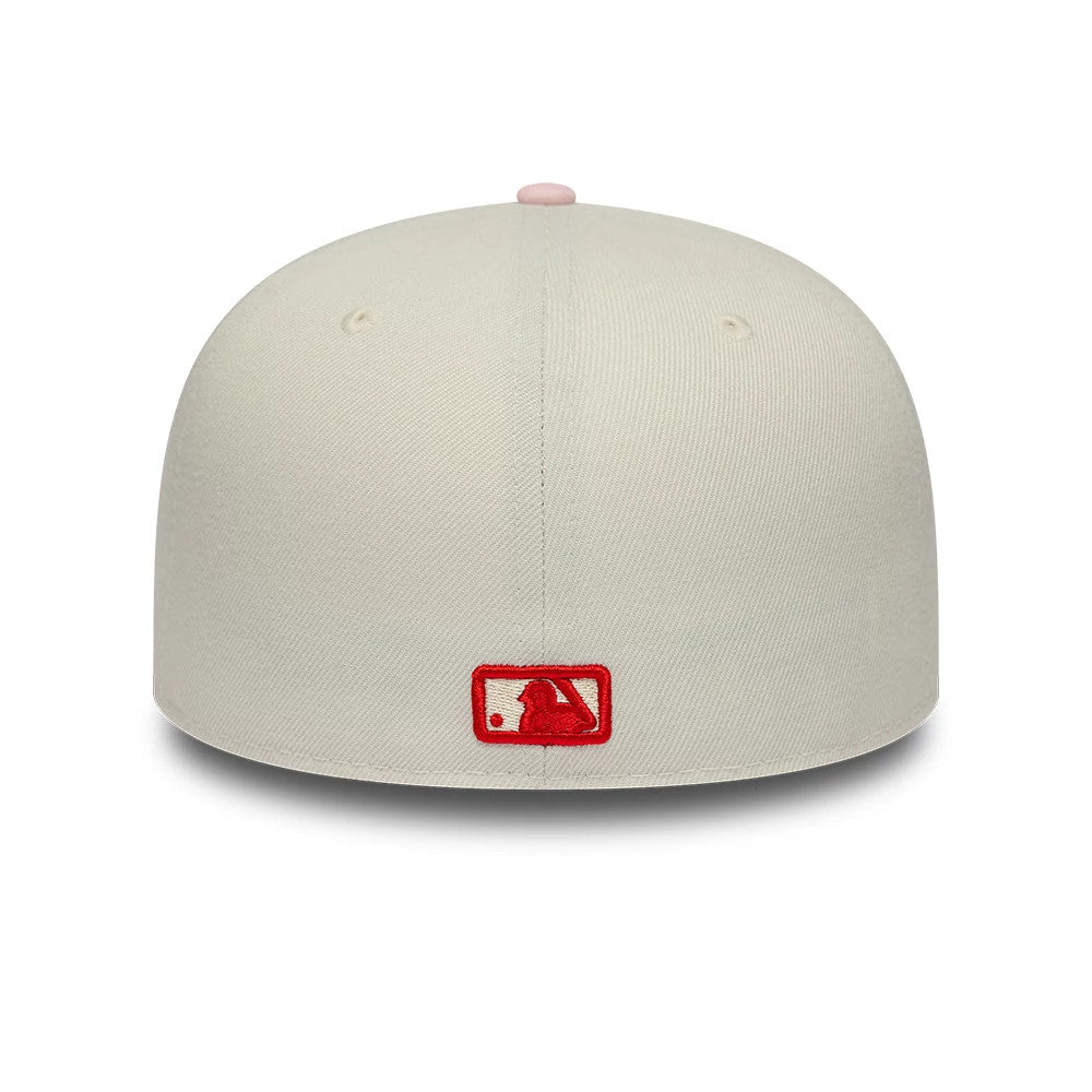 LA Dodgers MLB Cherub Cream & Pink New Era 59FIFTY Fitted Cap, rear view showing the red embroidered MLB Batterman logo at the centre of the cream back panels, with matching eyelets and a pink top button on the structured crown.