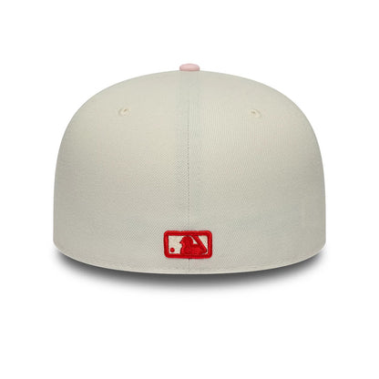 LA Dodgers MLB Cherub Cream & Pink New Era 59FIFTY Fitted Cap, rear view showing the red embroidered MLB Batterman logo at the centre of the cream back panels, with matching eyelets and a pink top button on the structured crown.