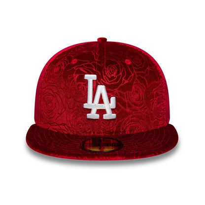 Pictured is this MLB Floral Velour LA Dodgers 59FIFTY Fitted cap in dark red. 2