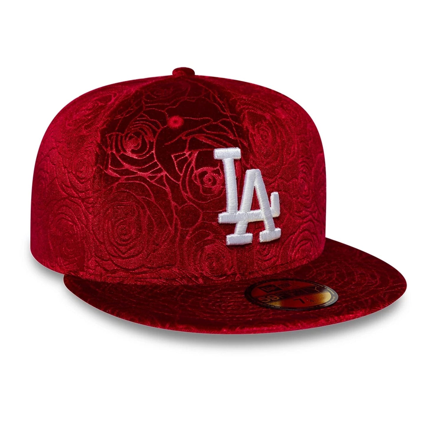 Pictured is this MLB Floral Velour LA Dodgers 59FIFTY Fitted cap in dark red. 3