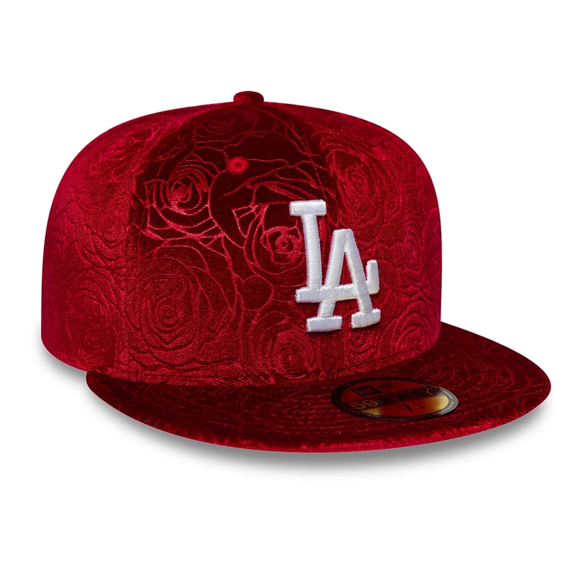 Pictured is this MLB Floral Velour LA Dodgers 59FIFTY Fitted cap in dark red. 3