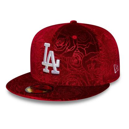 Pictured is this MLB Floral Velour LA Dodgers 59FIFTY Fitted cap in dark red. 1