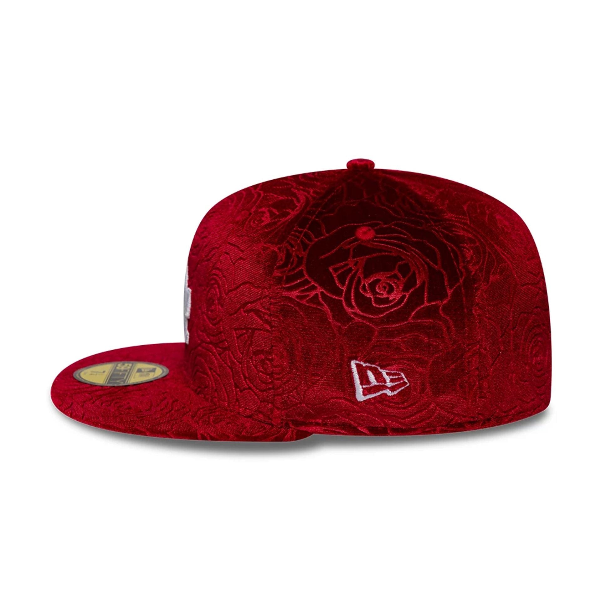 Pictured is this MLB Floral Velour LA Dodgers 59FIFTY Fitted cap in dark red. 5