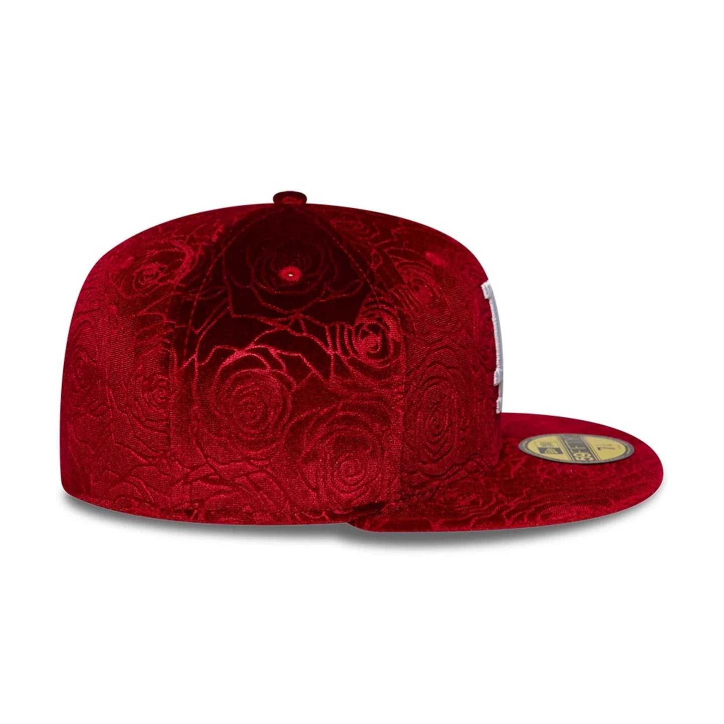 Pictured is this MLB Floral Velour LA Dodgers 59FIFTY Fitted cap in dark red. 6