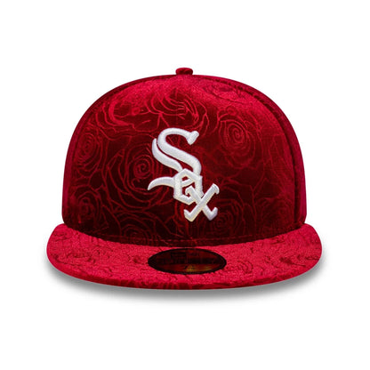 Pictured is this MLB Floral Velour Chicago White Sox 59FIFTY Fitted cap in dark red. 2