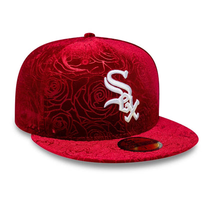 Pictured is this MLB Floral Velour Chicago White Sox 59FIFTY Fitted cap in dark red. 3