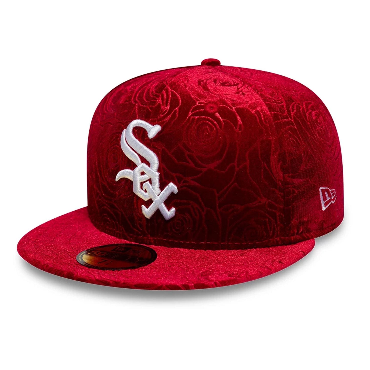 Pictured is this MLB Floral Velour Chicago White Sox 59FIFTY Fitted cap in dark red. 1