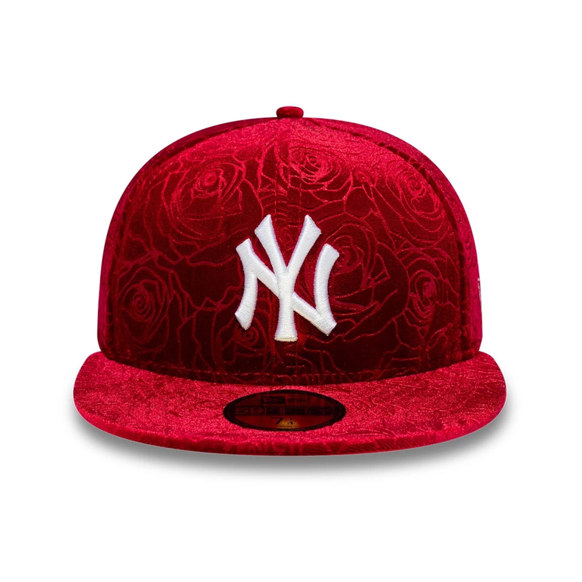 Pictured is this MLB Floral Velour New York Yankees 59FIFTY Fitted cap in dark red. 2