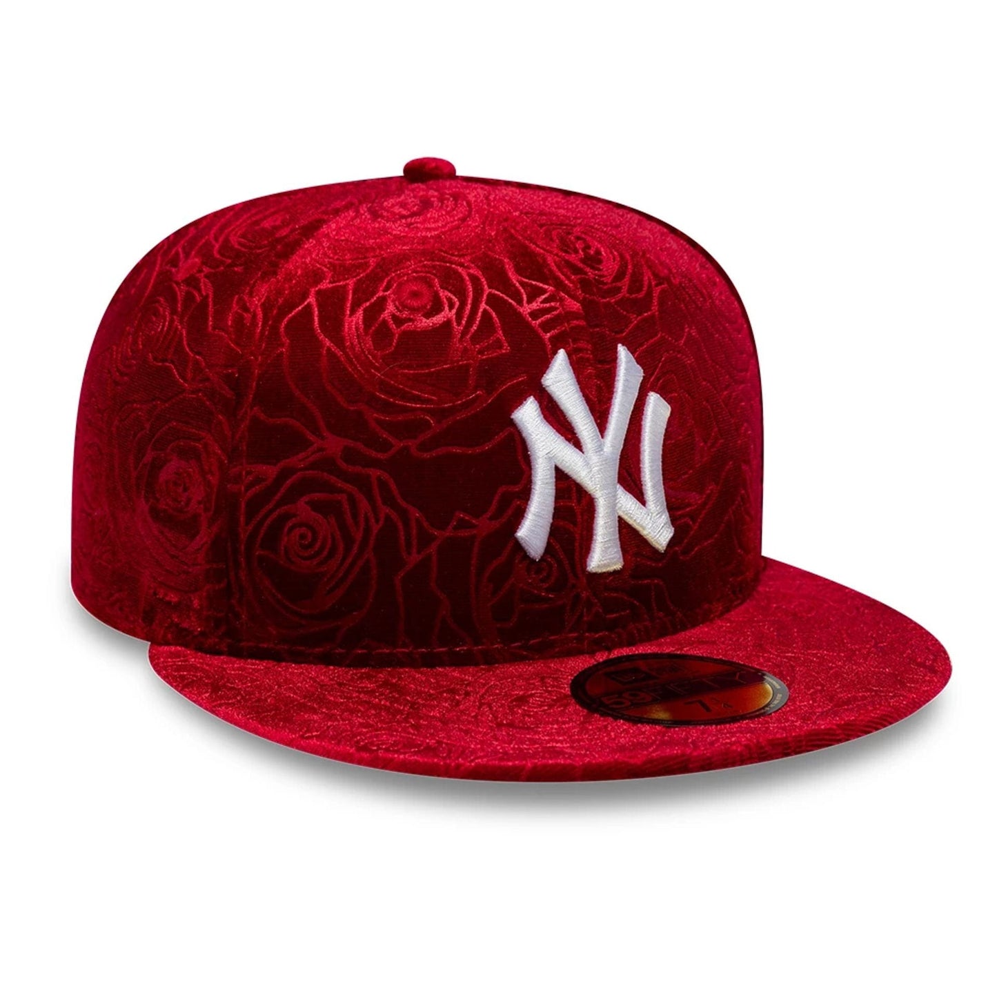 Pictured is this MLB Floral Velour New York Yankees 59FIFTY Fitted cap in dark red. 3
