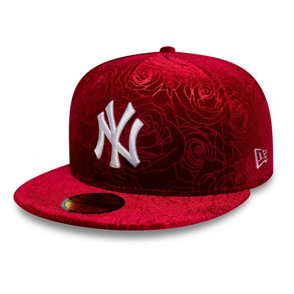 Pictured is this MLB Floral Velour New York Yankees 59FIFTY Fitted cap in dark red. 1