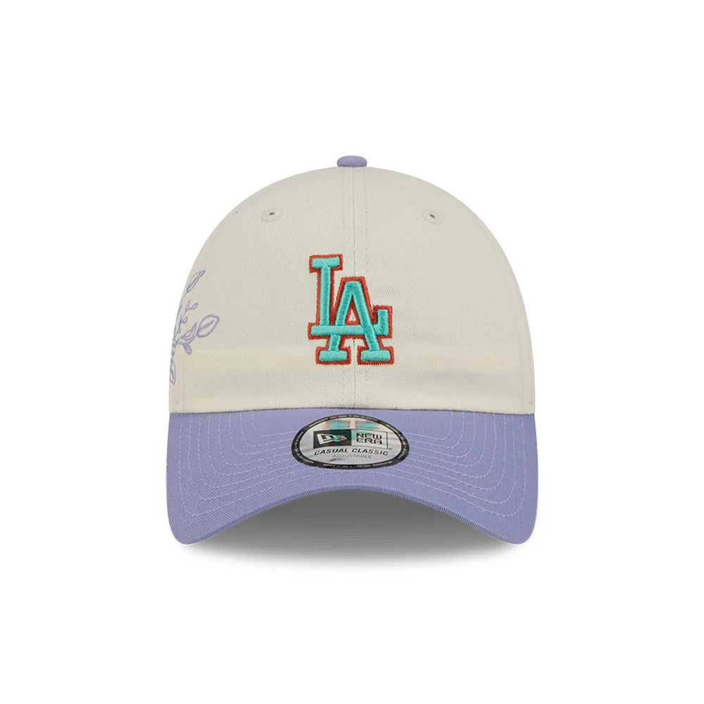 LA Dodgers MLB Lavender Flowers White New Era Casual Classic Adjustable Cap, front view showing a turquoise and orange embroidered LA logo on the front panel, with a lavender curved visor and the Casual Classic size sticker.