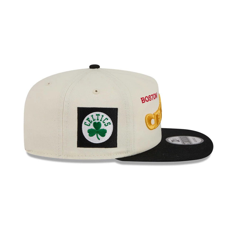 Boston Celtics NBA Conference Script White New Era 19TWENTY Adjustable Cap, side view with a black square patch featuring a green Celtics logo on the left side, white crown, and black flat visor with a 19TWENTY size sticker.