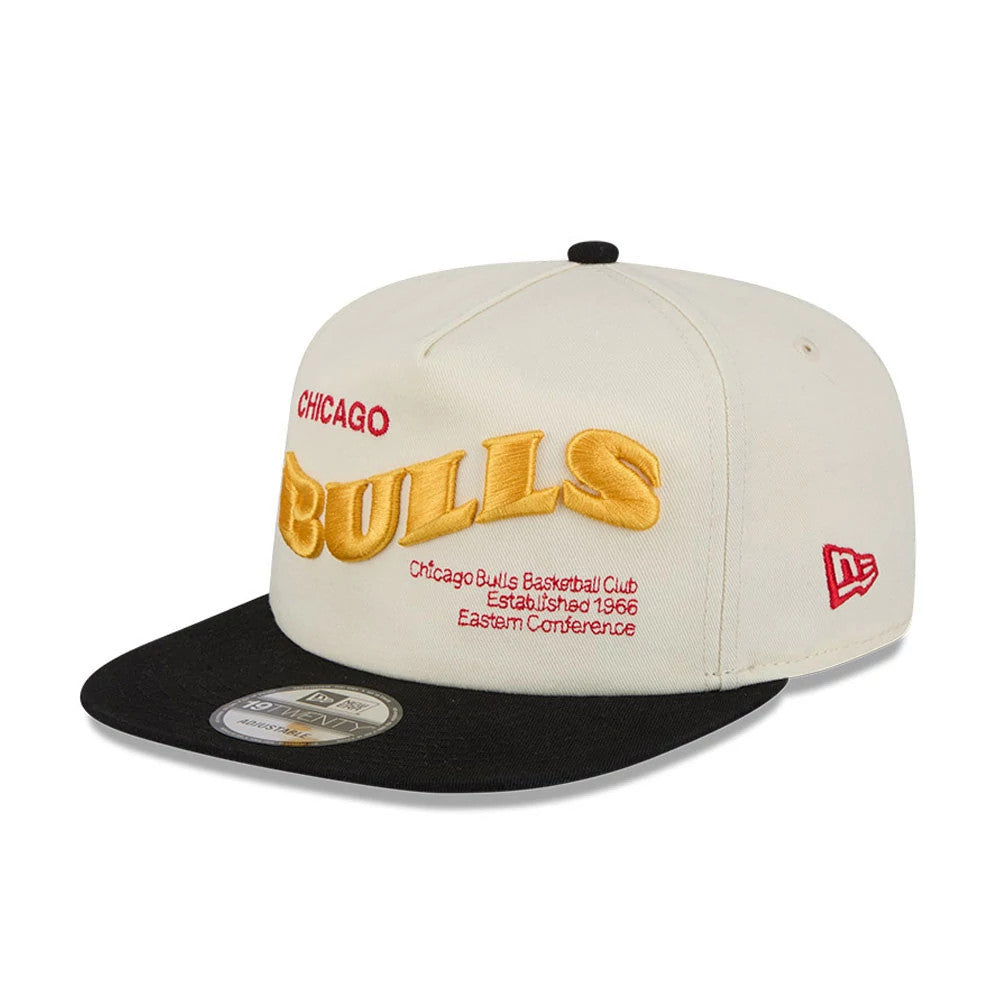 Chicago Bulls NBA Conference Script White New Era 19TWENTY Adjustable Cap, three-quarter view showing raised yellow Bulls embroidery and red Chicago on the front panel, with a black flat visor and red New Era flag logo on the left side.